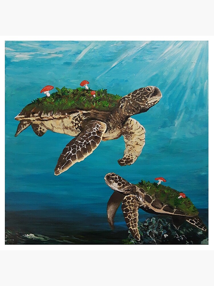 Turtles All the Way Down - Sea Turtles Mushrooms Ocean Life Animal Wall Art  Handmade Home Decor Painting | Art Board Print