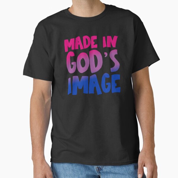 Vista previa del artículo con la obra «"Hecho a la imagen de Dios" - Christians for Justice (colores de la bandera bisexual)», diseñado y vendido por Ofeefee.