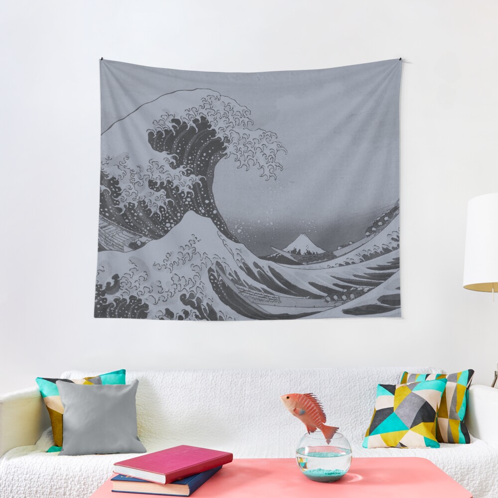 Silver Japanese Great Wave off Kanagawa by Hokusai Tapestry