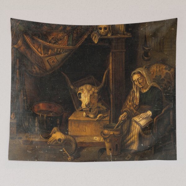 Item preview, A Witch in her den vintage antique painting designed and sold by Vintage Designs +.