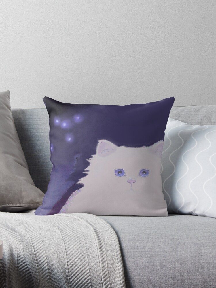 Fluffy White Cat With Blue Eyes Painting Kitten On Midnight Blue Throw Pillow By Magic Blue