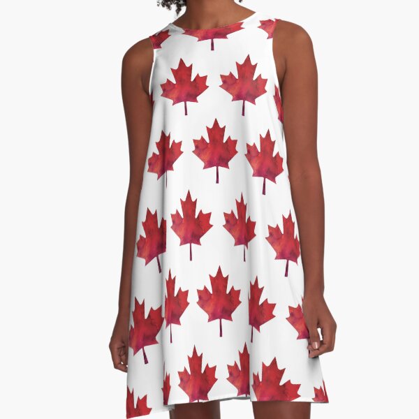 Canada Day Watercolour Maple Leaf Pattern A-Line Dress