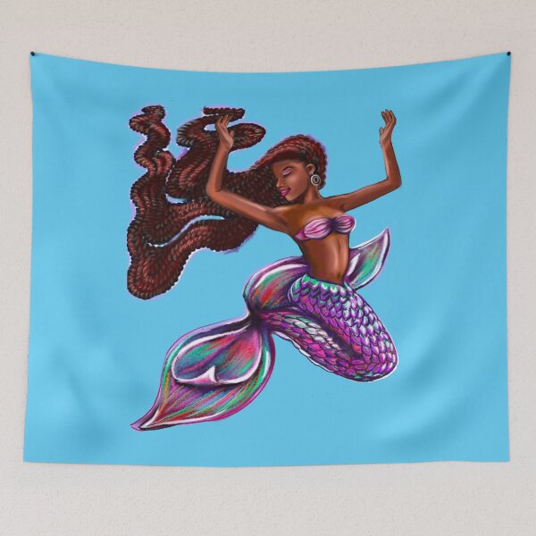 Item preview, mermaid with flowing red braids,   Afro hair and caramel brown skin. African American Mermaid  designed and sold by Artonmytee.