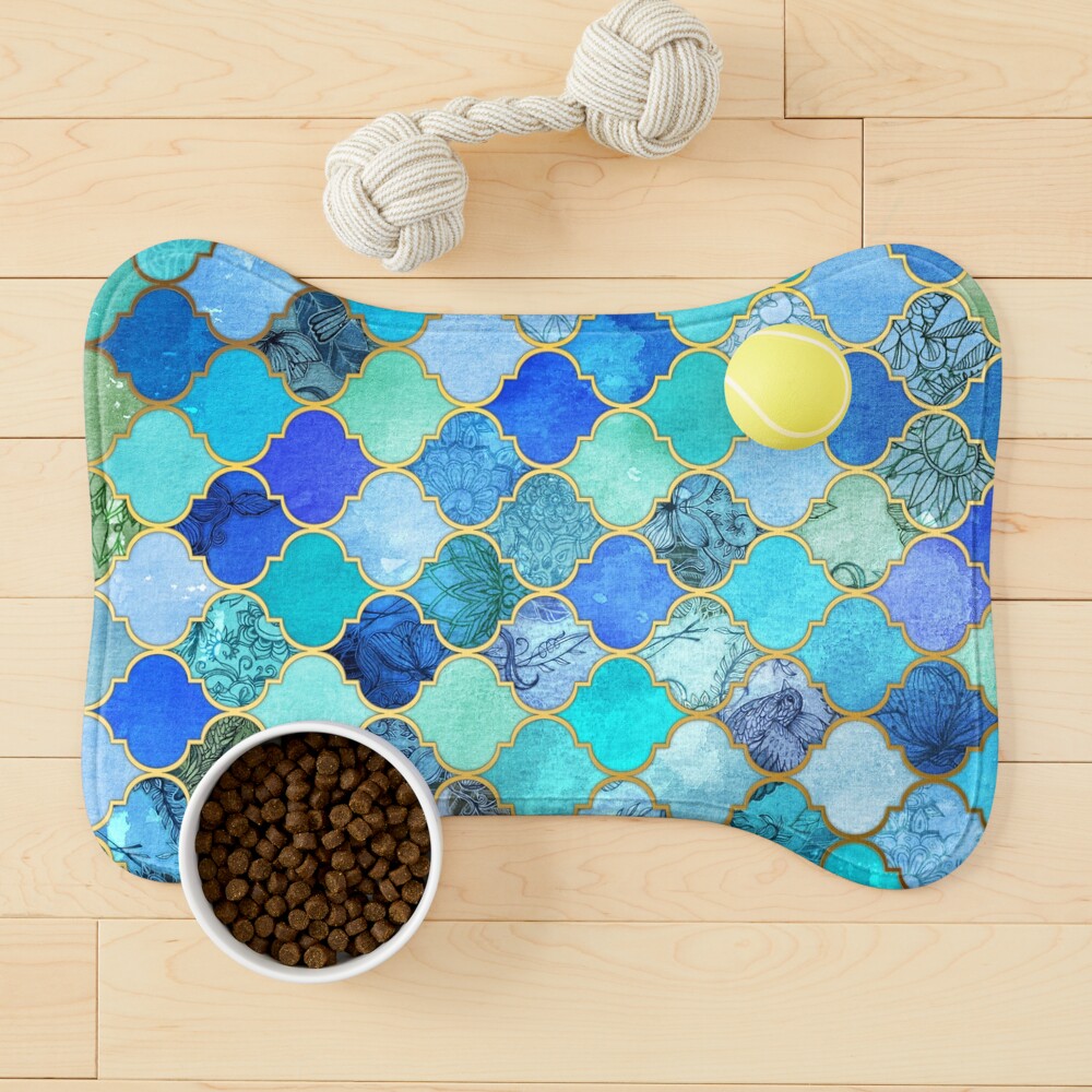 Cobalt Blue, Aqua & Gold Decorative Moroccan Tile Pattern Pet Mat