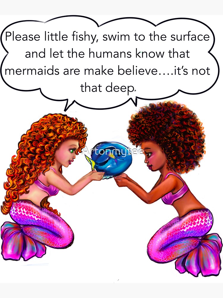 Best mermaid gifts 2022. anime black and white mermaids with blue tang fish  and bubbles. Pretty black and white girls with Afro hair, green eyes,  Cherry pink lips and dark brown skin.