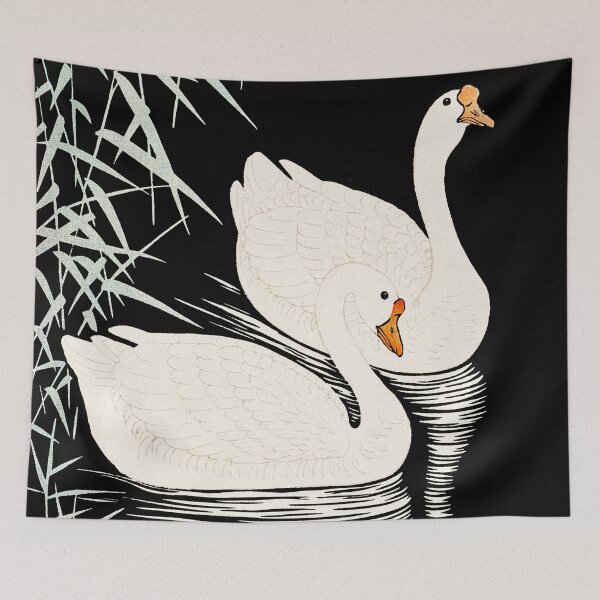 Item preview, White Chinese Geese Swimming by Reeds by (1928) Ohara Koson designed and sold by blackdogshop.