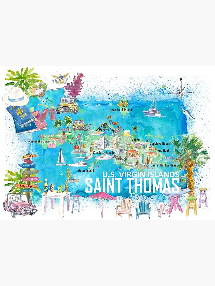"Saint Thomas USVI Illustrated Travel Map with Roads and Tourist
