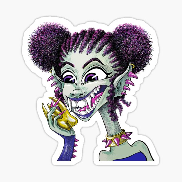 The Tooth Fairy looks at the golden tooth in admiration with curly African hair Sticker