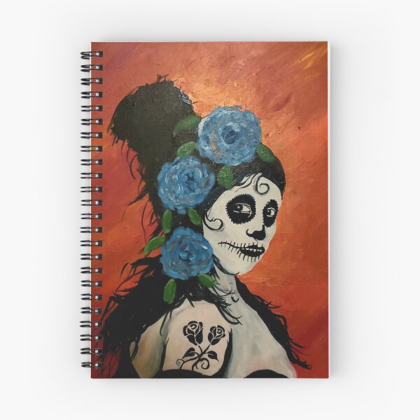 Item preview, Sugar Skull Woman with Blue Flowers and Rose Tattoo Dia De Los Muertos Painting designed and sold by JemLilyFineArt.