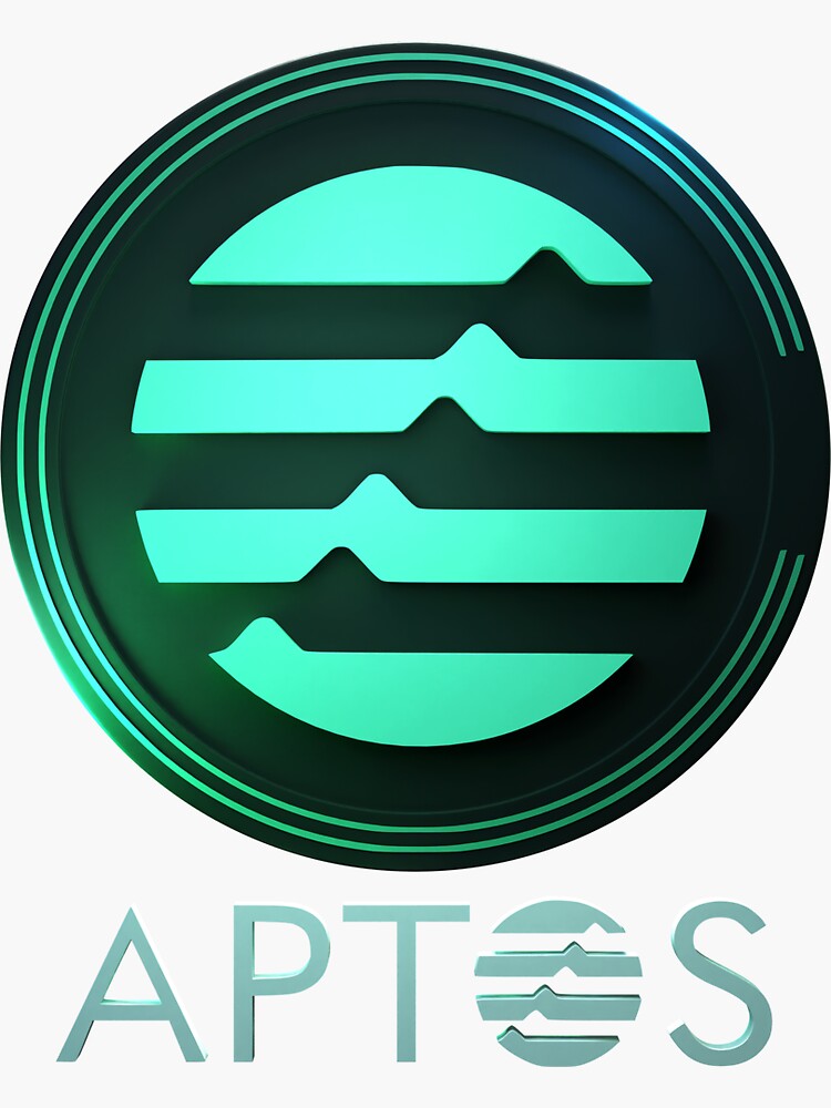 Aptos APT logo coin and font. Frontal view with dark colors in