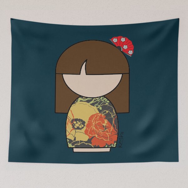 Item preview, Japanese Kokeshi Doll in Yellow and Orange Floral Print173 designed and sold by BareNakedNutes.