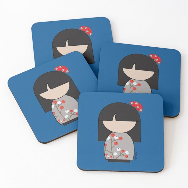 Item preview, Japanese Kokeshi Doll White and Red Flower Buds Print  202 designed and sold by BareNakedNutes.
