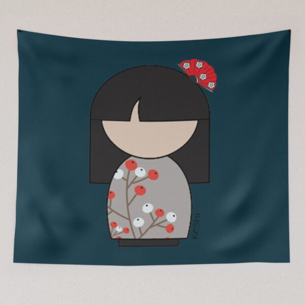 Item preview, Japanese Kokeshi Doll White and Red Flower Buds Print  202 designed and sold by BareNakedNutes.