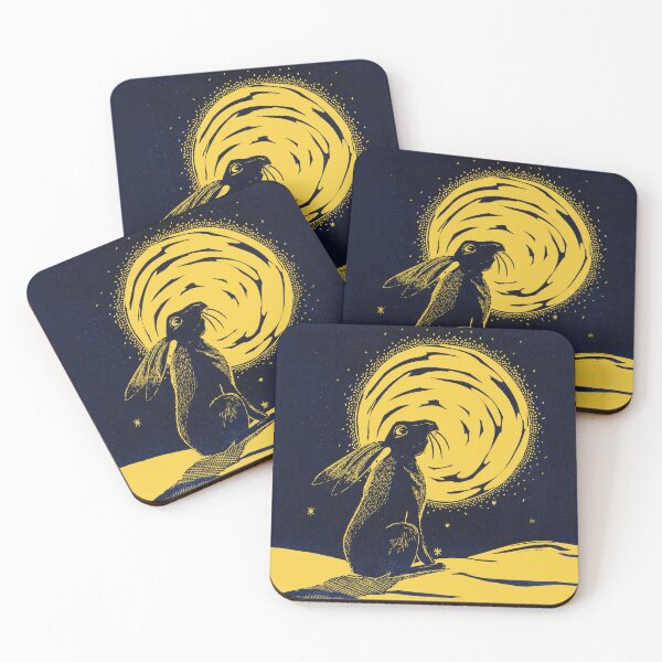 Item preview, Moon Gazing Hare Linocut in blue and yellow designed and sold by Maddy Bennett.