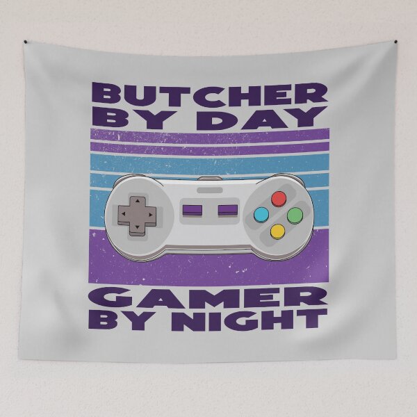 Item preview, Butcher by day gamer by night, dark text, funny games lovers, job, humor, joke, meme, gamer worker designed and sold by SGS-.