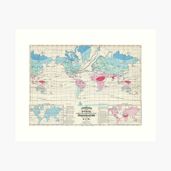Vista previa del artículo con la obra «Vintage World Climate Map (1870)», diseñado y vendido por BravuraMedia.