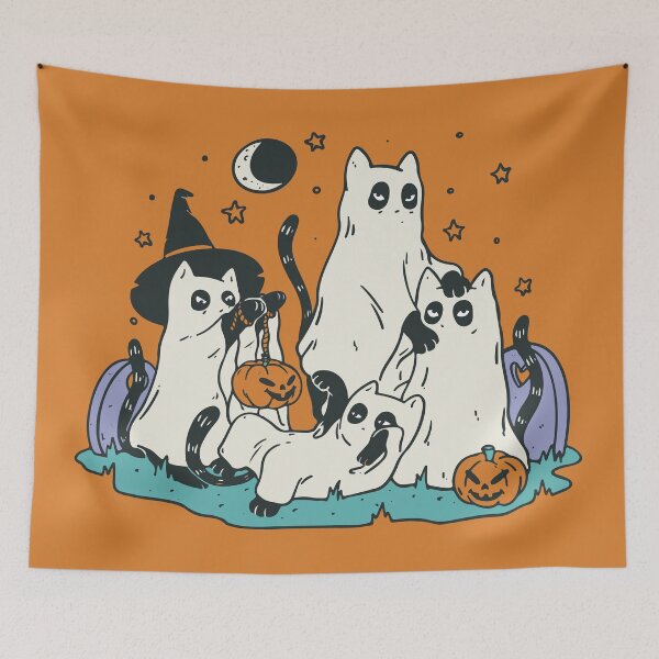 Item preview, Halloween including a group of cute cats in ghost costumes - Spooky Halloween phantom cats designed and sold by Palteeshop.