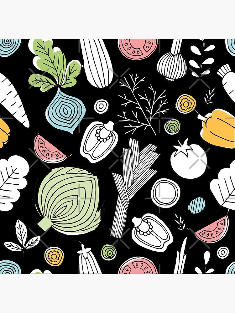 Disover Fruits And Vegetables: Seamless Pattern of Fruits and Vegetables on Dark Background Premium Matte Vertical Poster