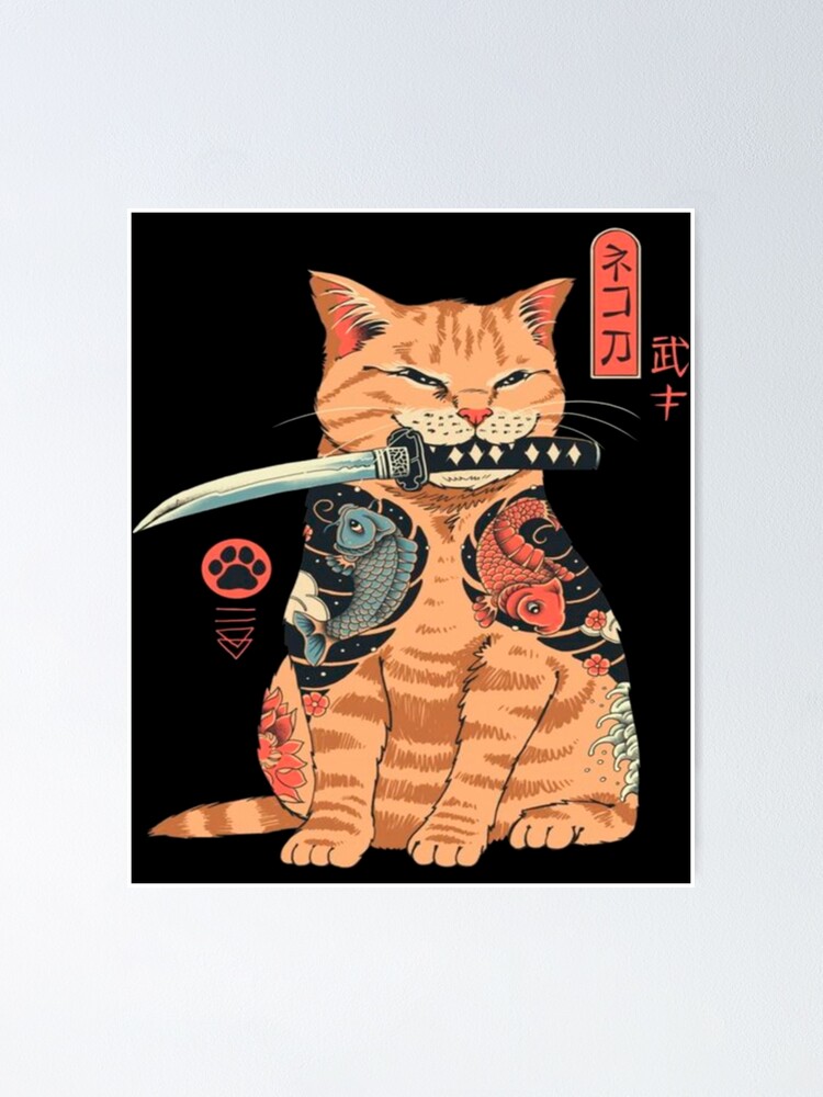 Poster Anime de Gato Samurai do Estilo Japonês Kawaii