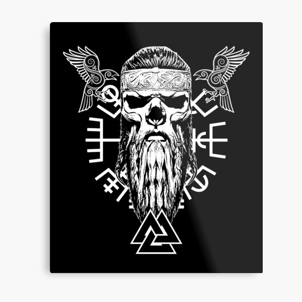 Viking skull with beard, Odin knot and Vegvisir, Odin's ravens Hugin and  Munin Metal Print by ProdbyNiECO