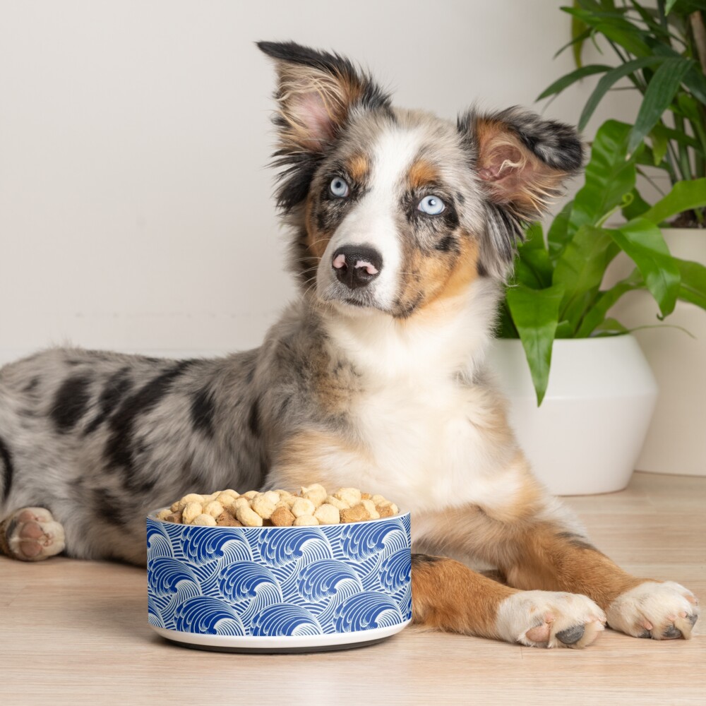 Vintage Japanese Waves, Cobalt Blue and White Pet Bowl