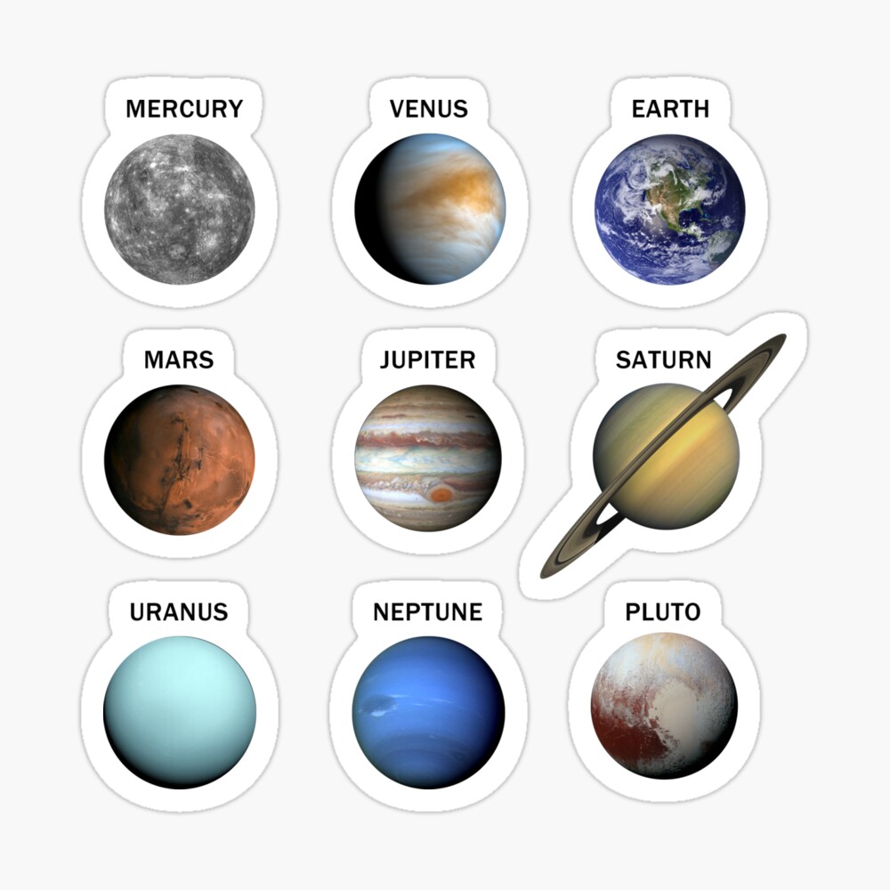 Sticker 9 planets of the Solar System, asteroid belt and spiral galaxy. 