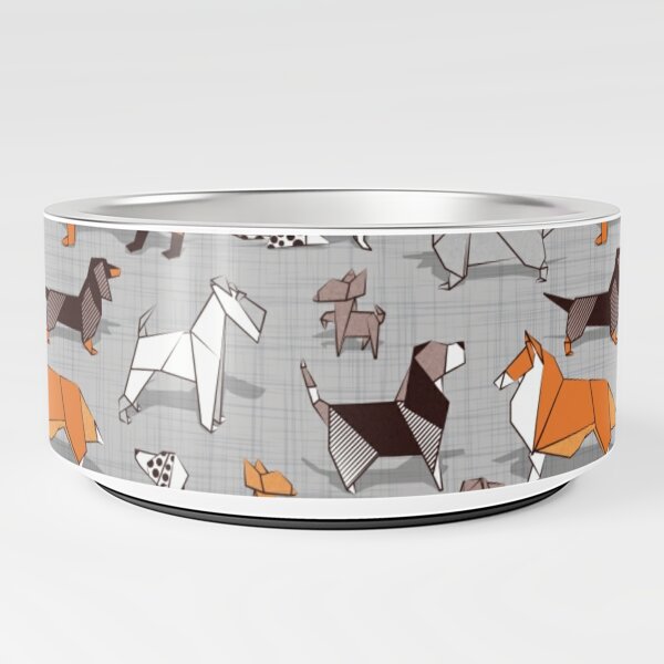 Origami doggie friends // grey linen texture background Pet Bowl