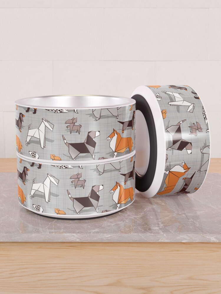 Thumbnail 2 of 6, Pet Bowl, Origami doggie friends // grey linen texture background designed and sold by SelmaCardoso.