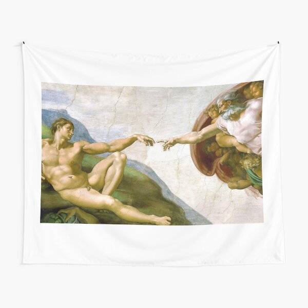 Touch of God. The Creation of Adam, (close up), Michelangelo, 1510, Genesis, Ceiling, Sistine Chapel, Rome. Tapestry