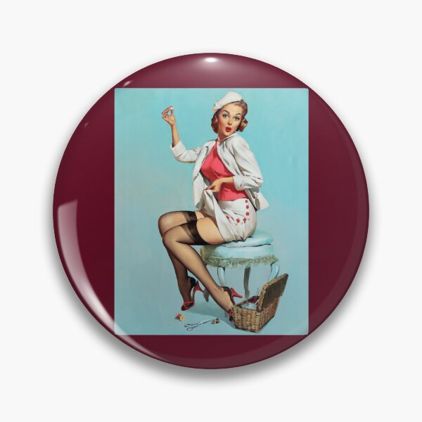 Item preview, 1950s Sewing Vintage Pin-up Girl Illustration Art Blonde Tailor Leggy Crafts Garter Hem Knitting Pin designed and sold by martinezArts.