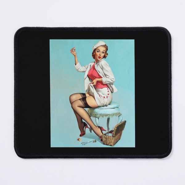 Item preview, 1950s Sewing Vintage Pin-up Girl Illustration Art Blonde Tailor Leggy Crafts Garter Hem Knitting Pin designed and sold by martinezArts.