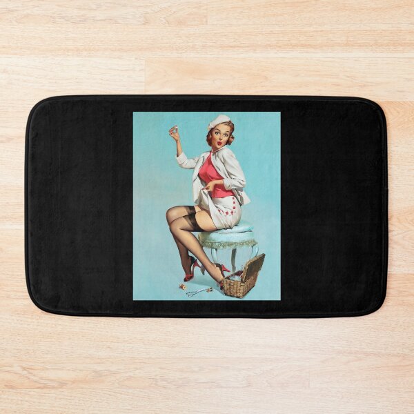 Item preview, 1950s Sewing Vintage Pin-up Girl Illustration Art Blonde Tailor Leggy Crafts Garter Hem Knitting Pin designed and sold by martinezArts.