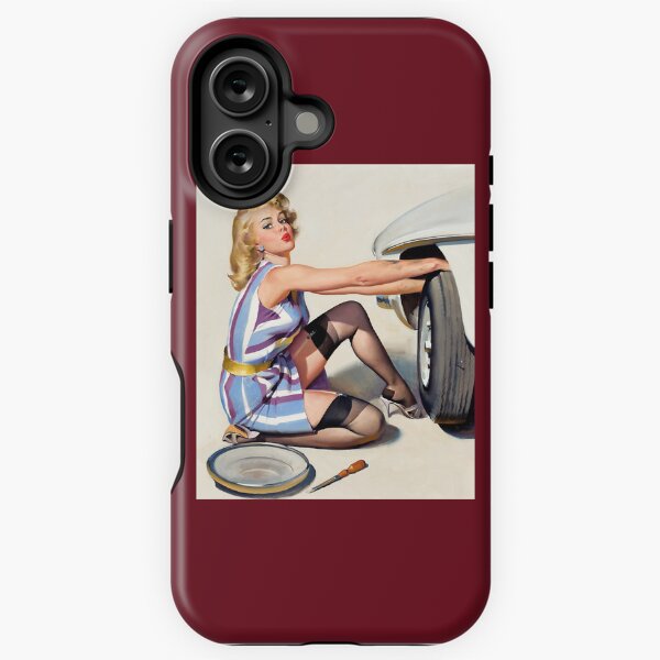 Item preview, 1950s Vintage Pin-up Girl Fixing Flat Tire Mechanic Car Automobile  Illustration Art Blonde Leggy Ga designed and sold by martinezArts.