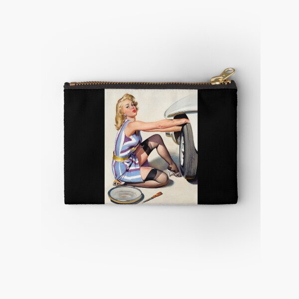 Item preview, 1950s Vintage Pin-up Girl Fixing Flat Tire Mechanic Car Automobile  Illustration Art Blonde Leggy Ga designed and sold by martinezArts.