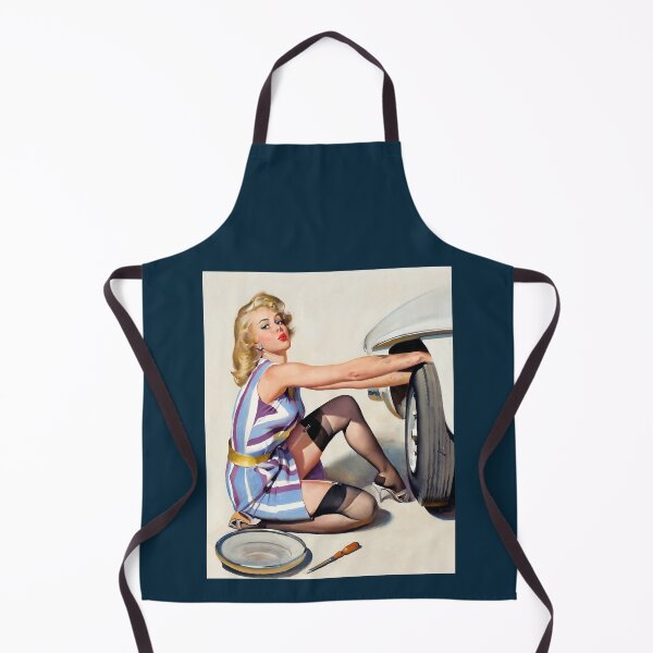 Item preview, 1950s Vintage Pin-up Girl Fixing Flat Tire Mechanic Car Automobile  Illustration Art Blonde Leggy Ga designed and sold by martinezArts.