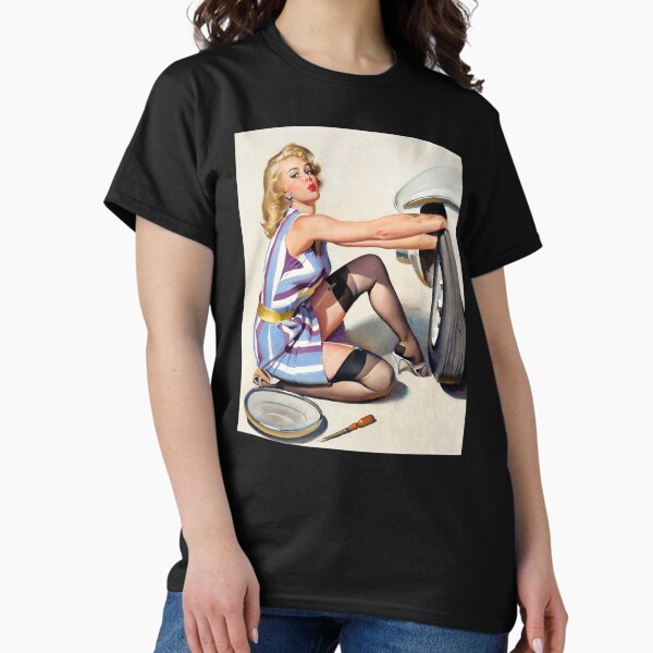 Item preview, 1950s Vintage Pin-up Girl Fixing Flat Tire Mechanic Car Automobile  Illustration Art Blonde Leggy Ga designed and sold by martinezArts.