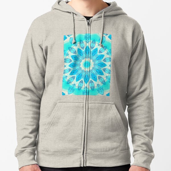 Blue Ice Goddess, Aqua Cyan Star Mandala Zipped Hoodie