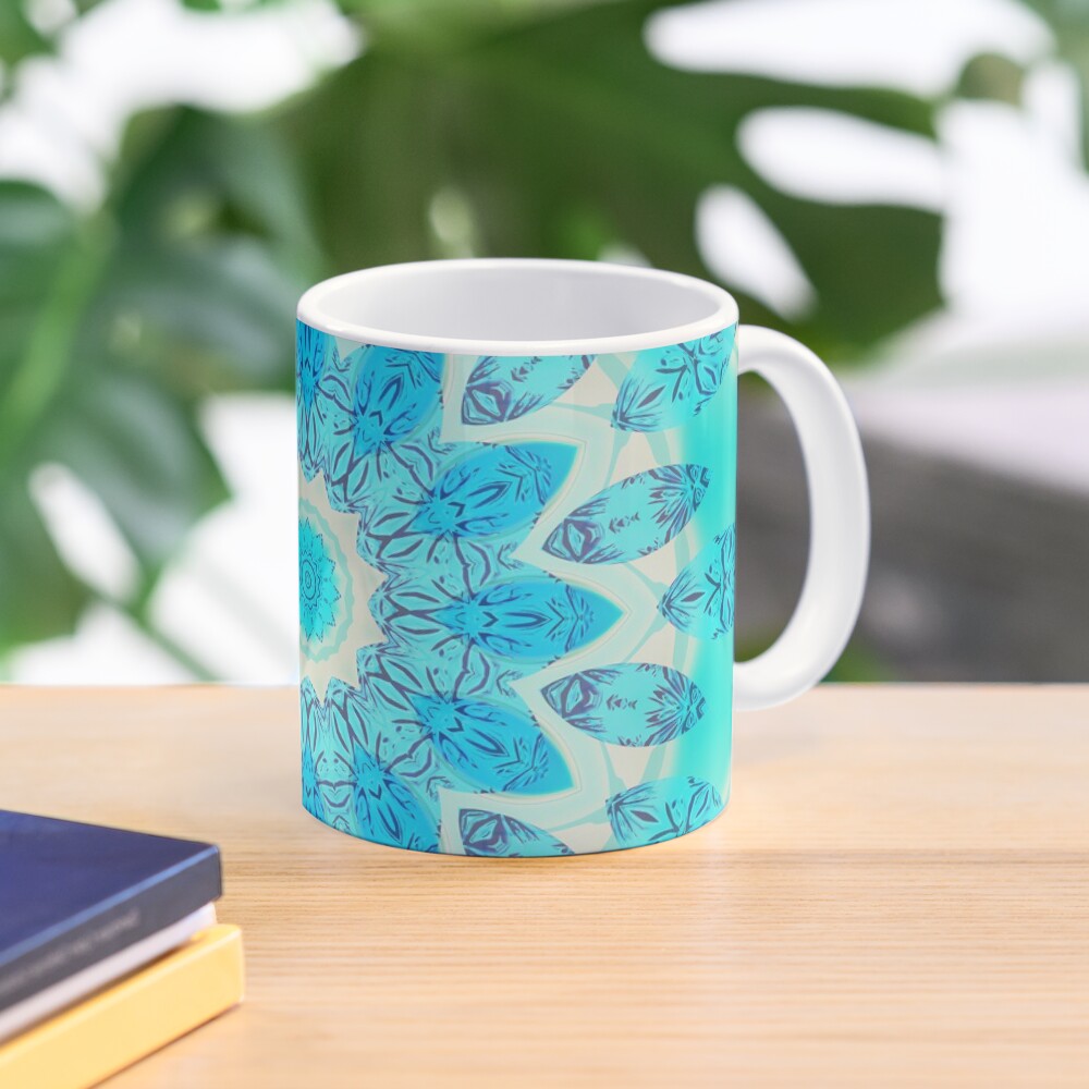 Blue Ice Goddess, Aqua Cyan Star Mandala Mug