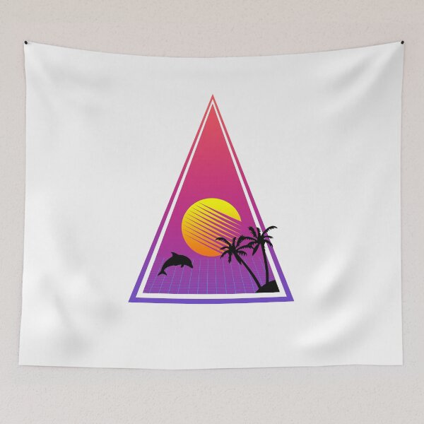 Item preview, Retro Wave Beach Sunset with Palm Tree and Dolphin designed and sold by hansenburgs.