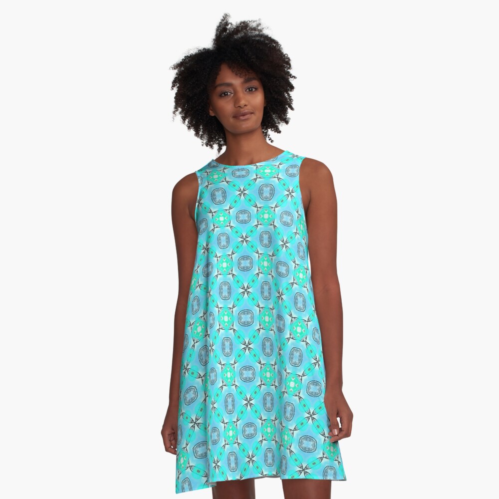 Elegant Blue Teal Abstract Modern Foliage Leaves Pattern A-Line Dress