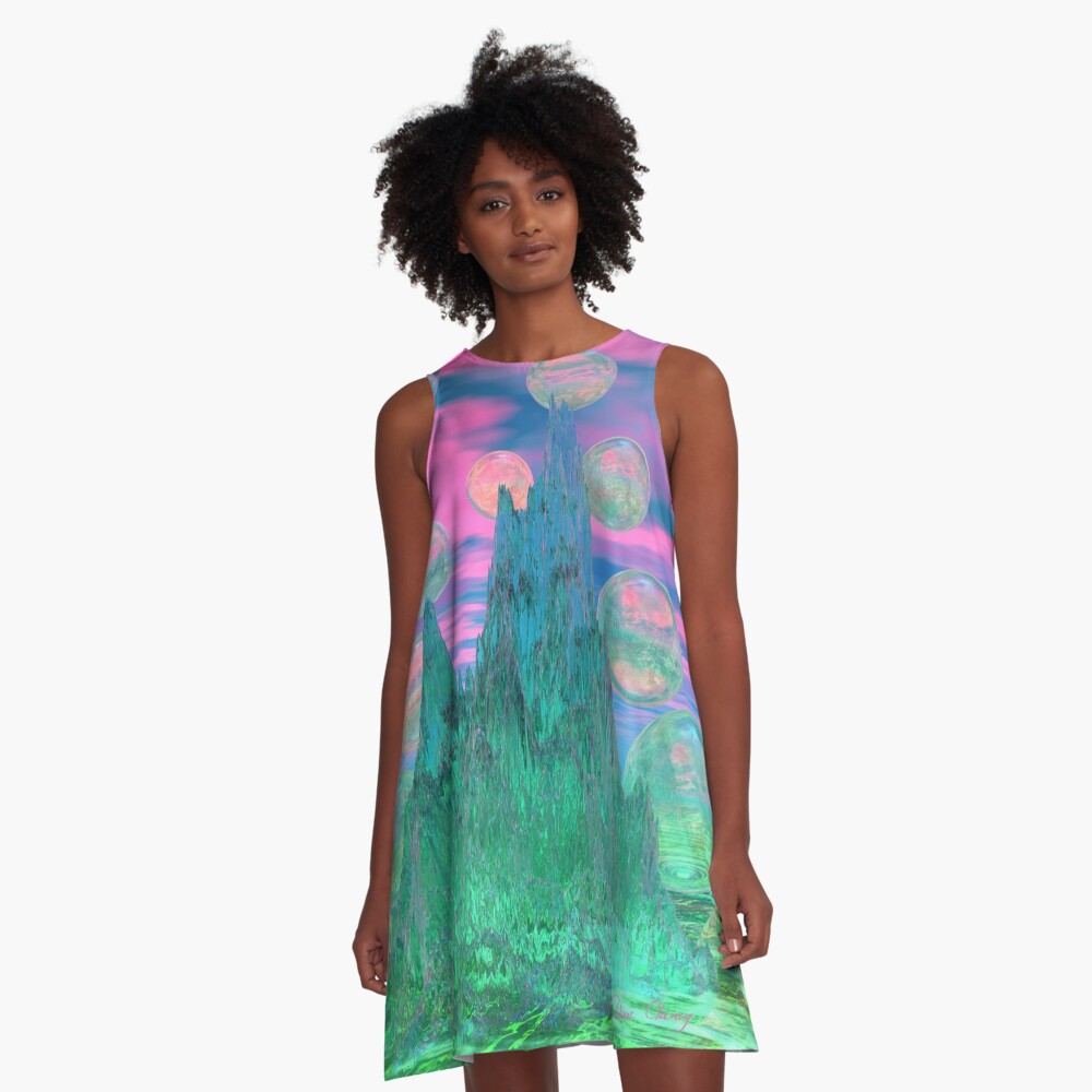 Poetic Mountain at Dawn, Glorious Pink Green Sky A-Line Dress