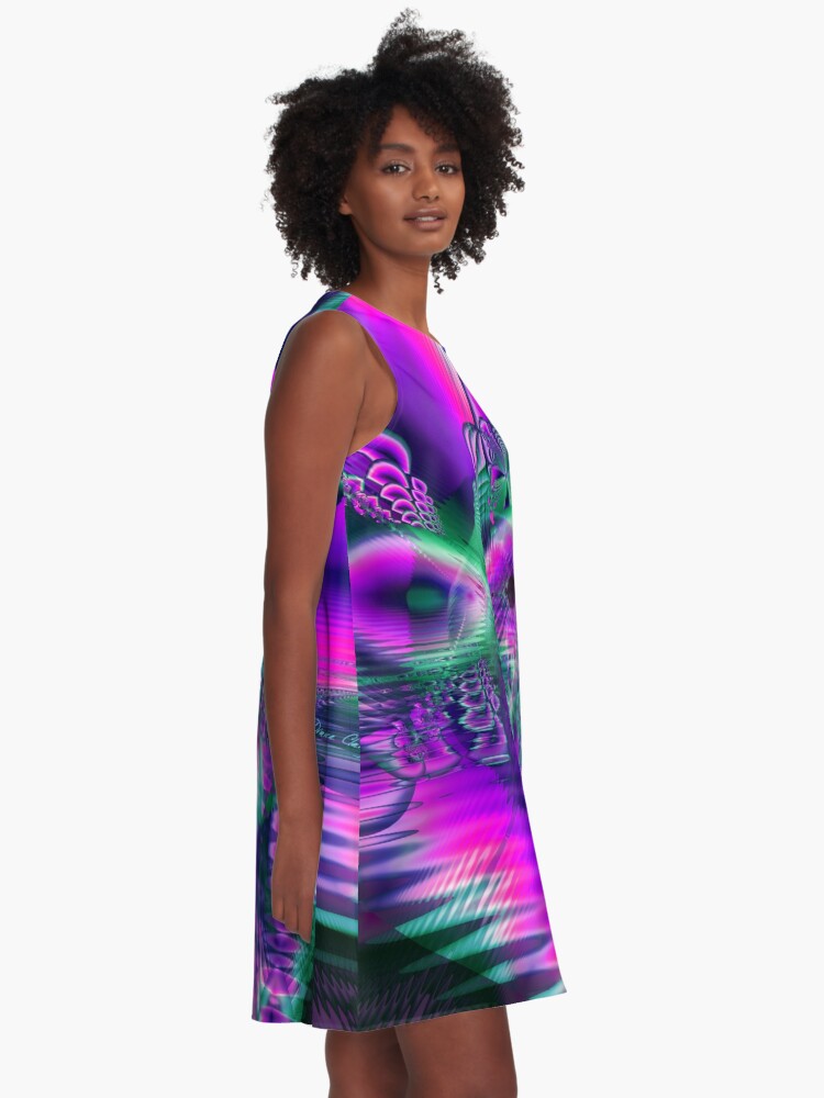 Alternate view of Teal Violet Crystal Palace, Abstract Fractal Cosmic Heart A-Line Dress