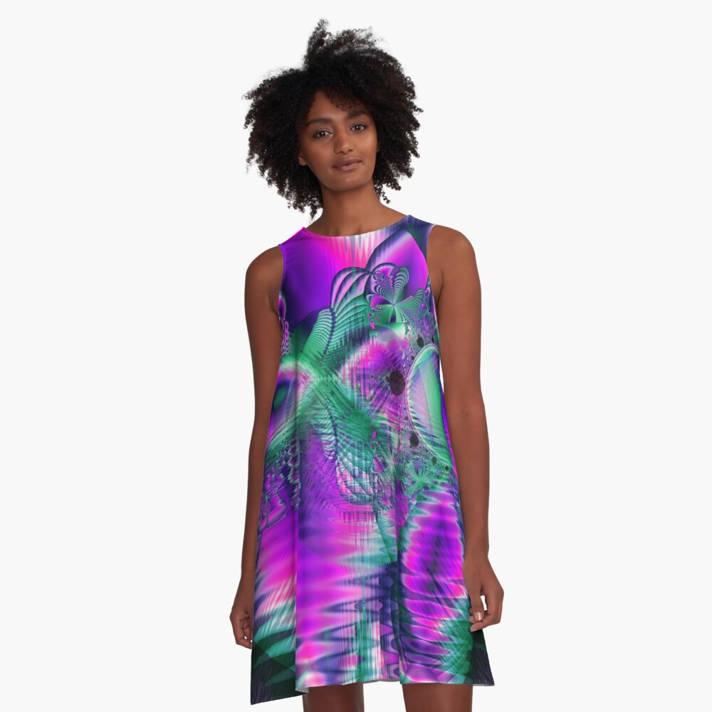 Teal Violet Crystal Palace, Abstract Fractal Cosmic Heart A-Line Dress