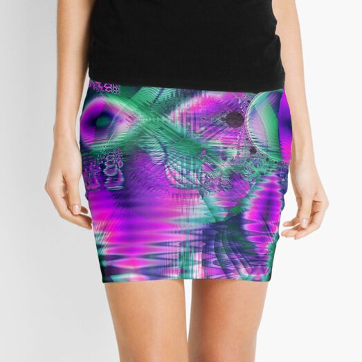 Teal Violet Crystal Palace, Abstract Fractal Cosmic Heart Mini Skirt