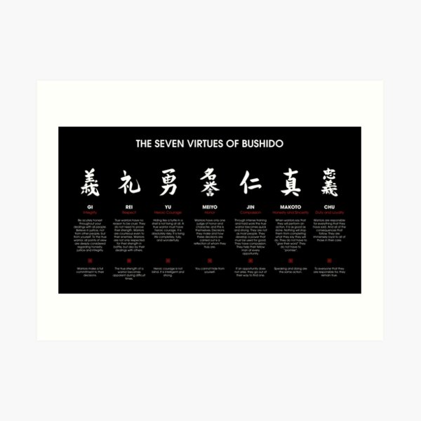 The 7 Virtues of Bushido (white text) Art Print