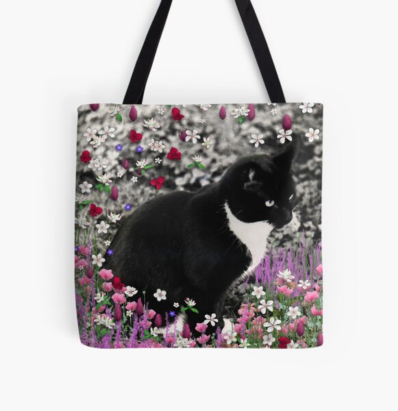 Freckles in Flowers II - Tuxedo Cat All Over Print Tote Bag