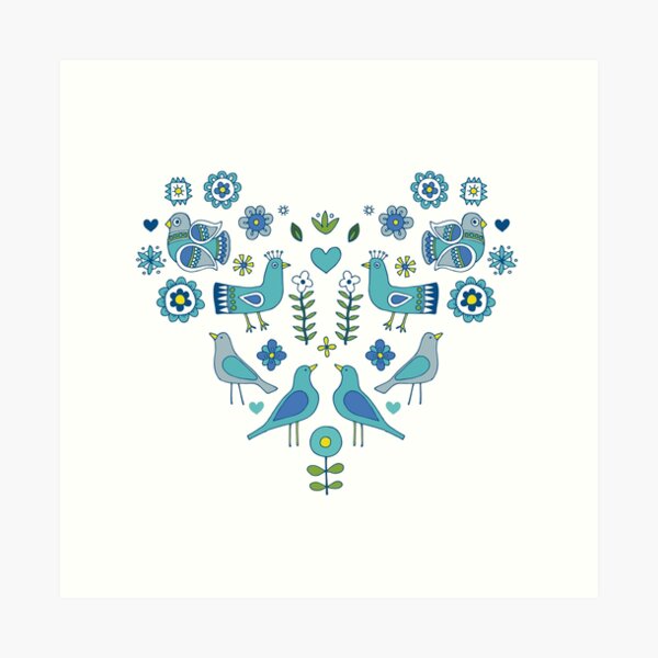 Scandi Folk Birds - blue & white - Scandinavian folk art pattern by Cecca Designs Art Print