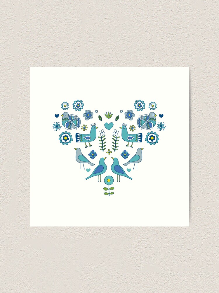 Alternate view of Scandi Folk Birds - blue & white - Scandinavian folk art pattern by Cecca Designs Art Print