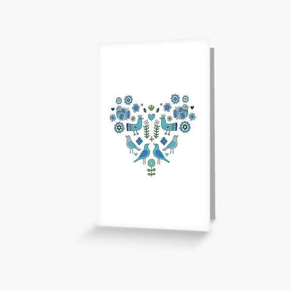 Scandi Folk Birds - blue & white - Scandinavian folk art pattern by Cecca Designs Greeting Card