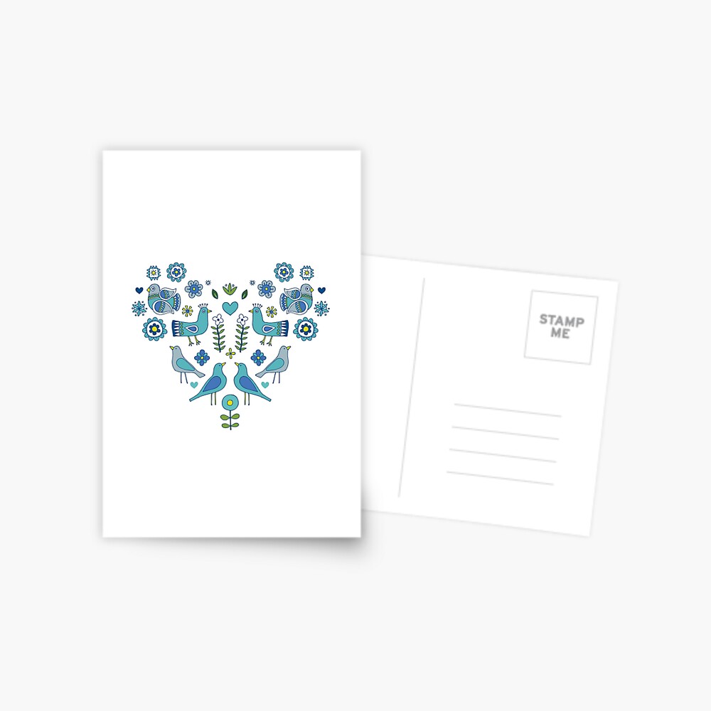 Scandi Folk Birds - blue & white - Scandinavian folk art pattern by Cecca Designs Postcard